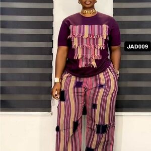 Plum Striped Wide-Leg Pant Set with Fringe Tee